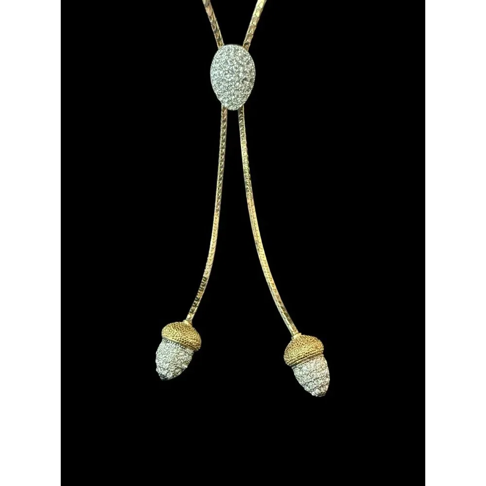 Vintage Acorn Gold-Tone Pendant Necklace & Matching Crystal Stud Earrings Set - Picture 4 of 9
